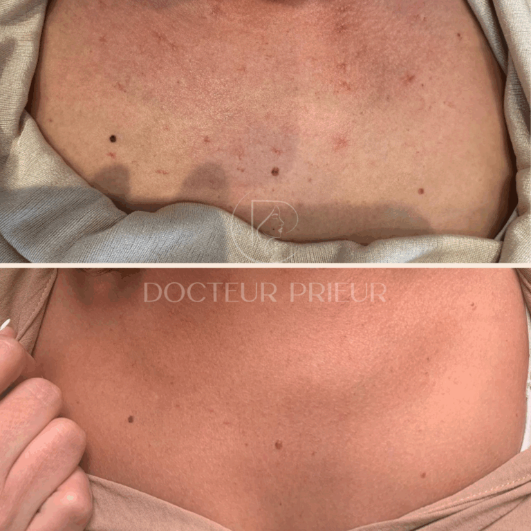 Résultat avant et après traitement laser des rougeurs – sujet 3 – haut de la poitrine – Dr Prieur à Cagnes-sur-Mer