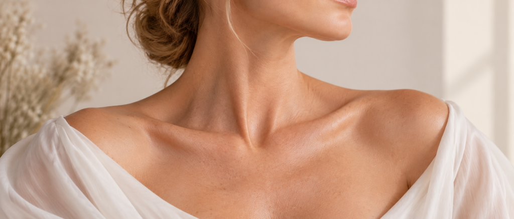 Cou et décolleté d'une femme illustrant les soins de médecine esthétique pour améliorer la qualité et la fermeté de la peau